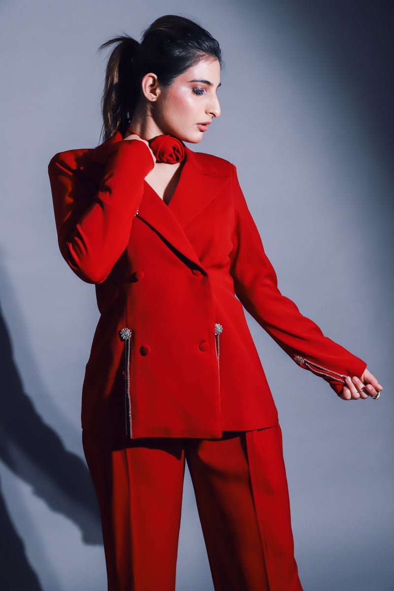 Red Crystal-Detail Blazer and Pants Tailored Set