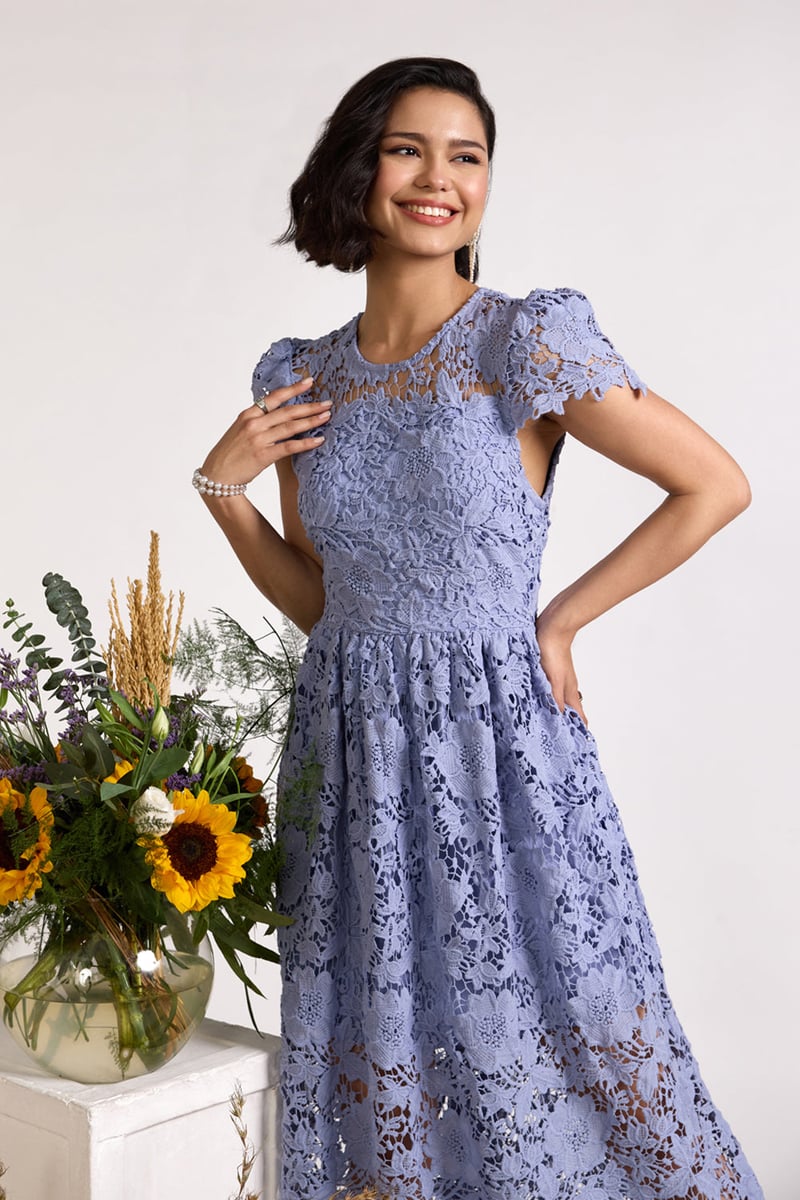 Ice Blue Lace Fit and Flare Maxi Dress