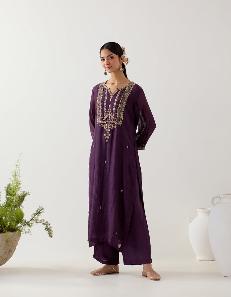 Purple Chanderi Zardozi Embroidered Kurta Set with Pants