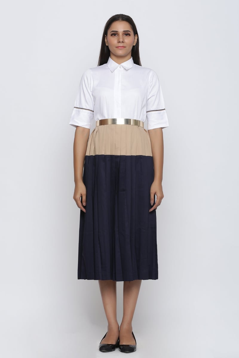 Colorblock Pleated Midi Shirt Dress