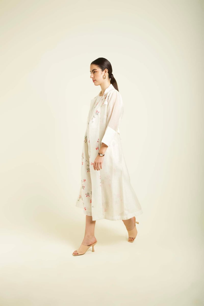 Ivory Floral Printed Linen Jumpsuit with Organza Jacket Set