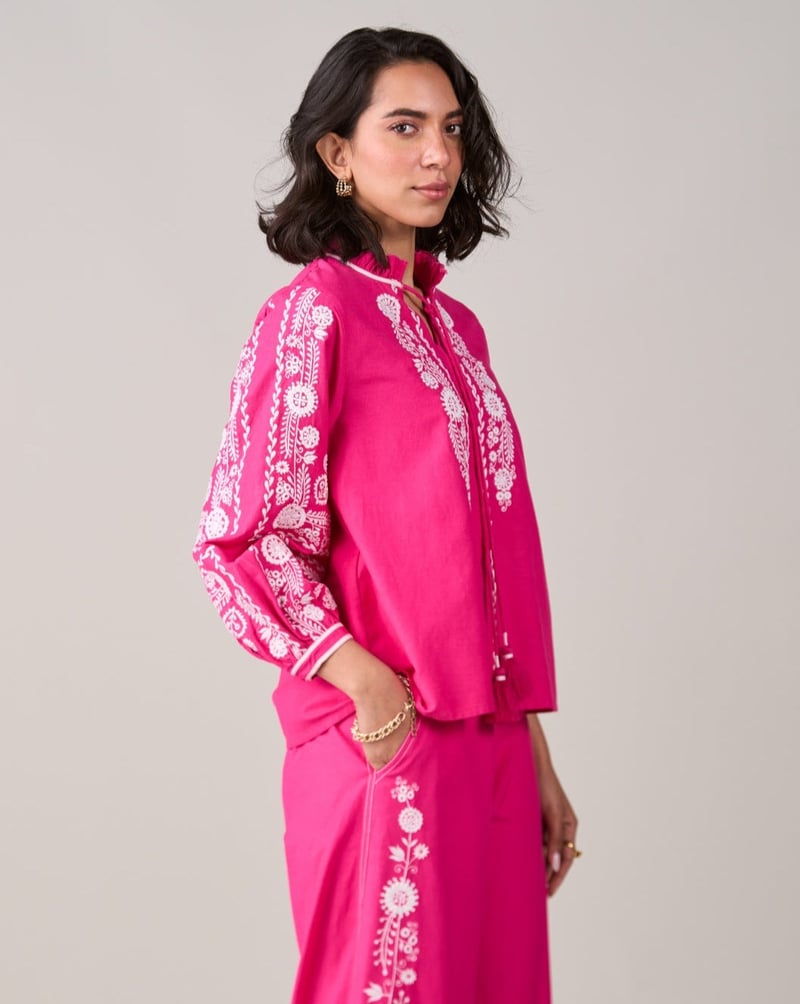 Pink Embroidered Longline Tie-Up Tunic Top