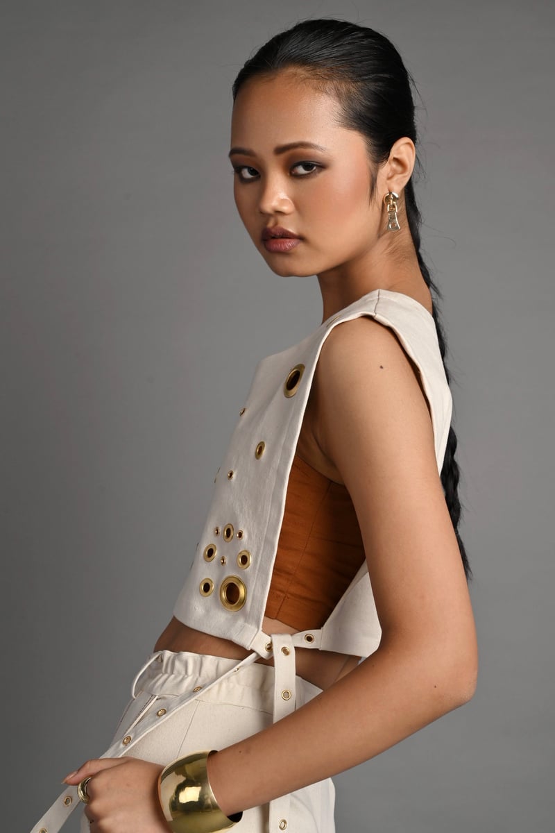 Off-White Denim Eyelet Bib Crop Top with Side Ties