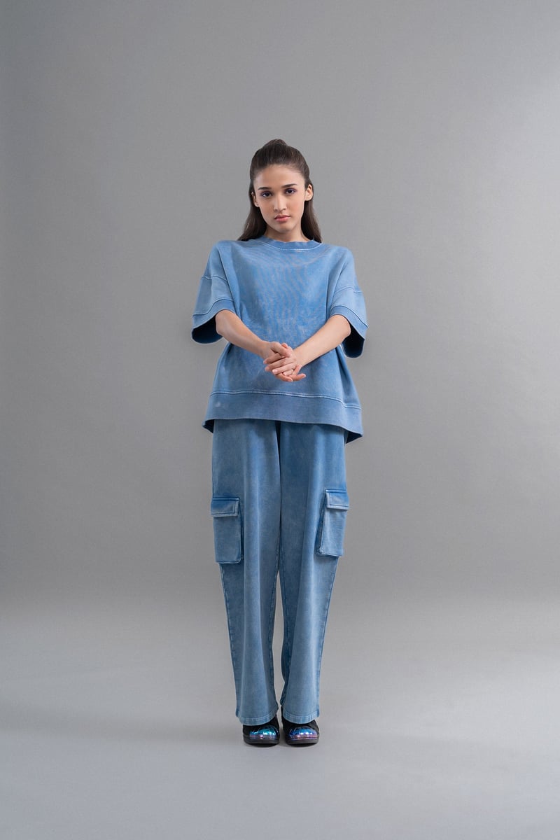Blue Cotton Terry Wide-Leg Cargo Trousers