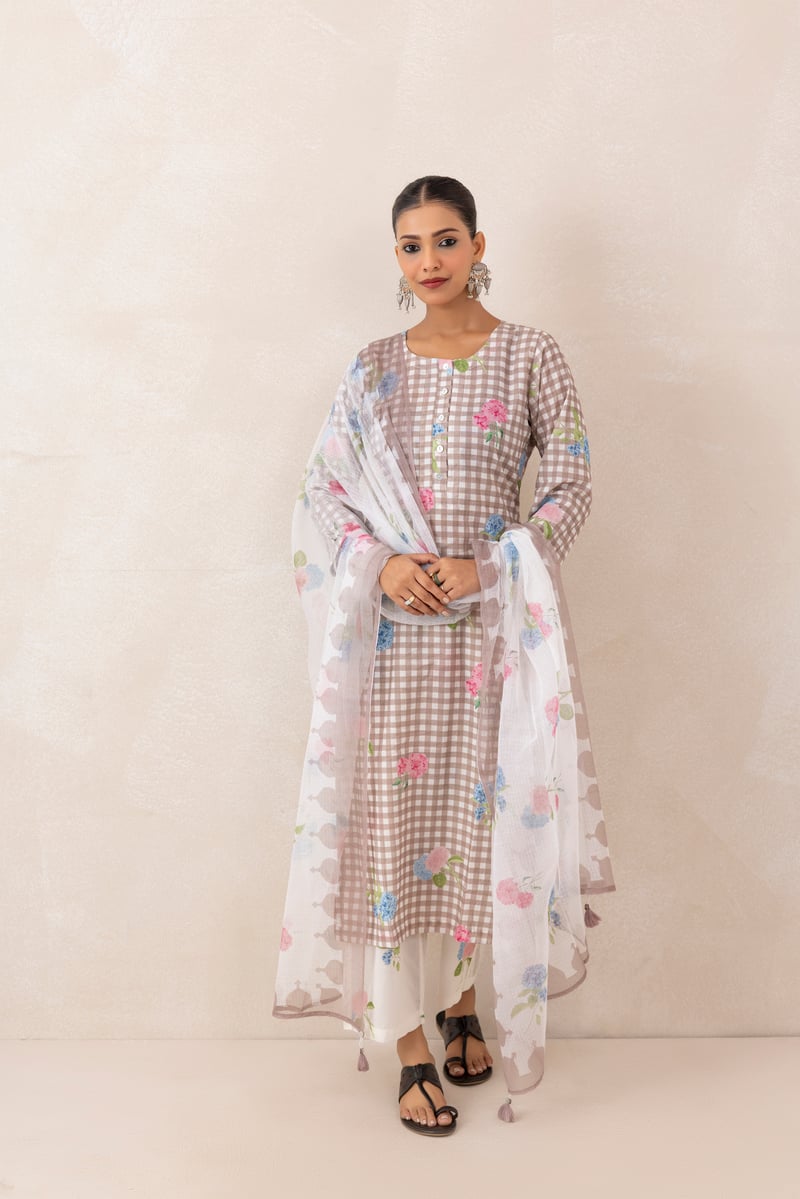 Mushroom Grey Checked Floral Print Cotton Kurta Set