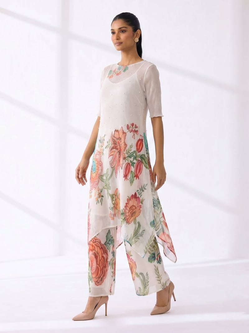 Ivory White Floral Printed Kurta Set with Slip