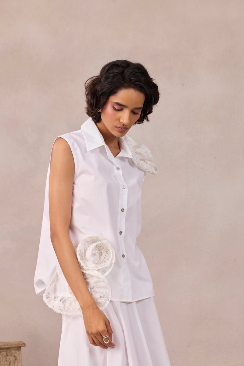 Bright White Sleeveless Shirt with 3D Rosette Detail
