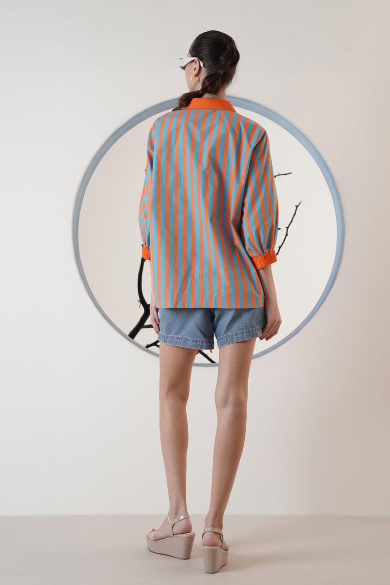 Blue and Orange Striped Tie-Front Collared Shirt