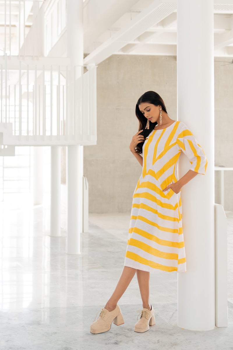 Yellow Striped Linen-Blend Midi Dress with Pockets