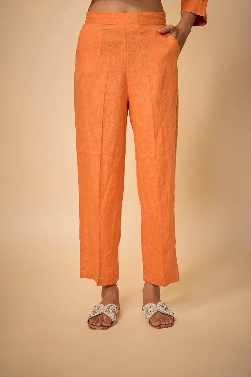 Orange Linen Shirt and Straight Pants Co-ord Set