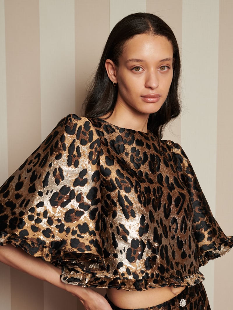 Brown Leopard Metallic Jacquard Crop Top