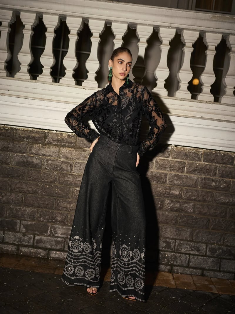 Black Sheer Mesh Button-Down Shirt with Velvet Jacquard