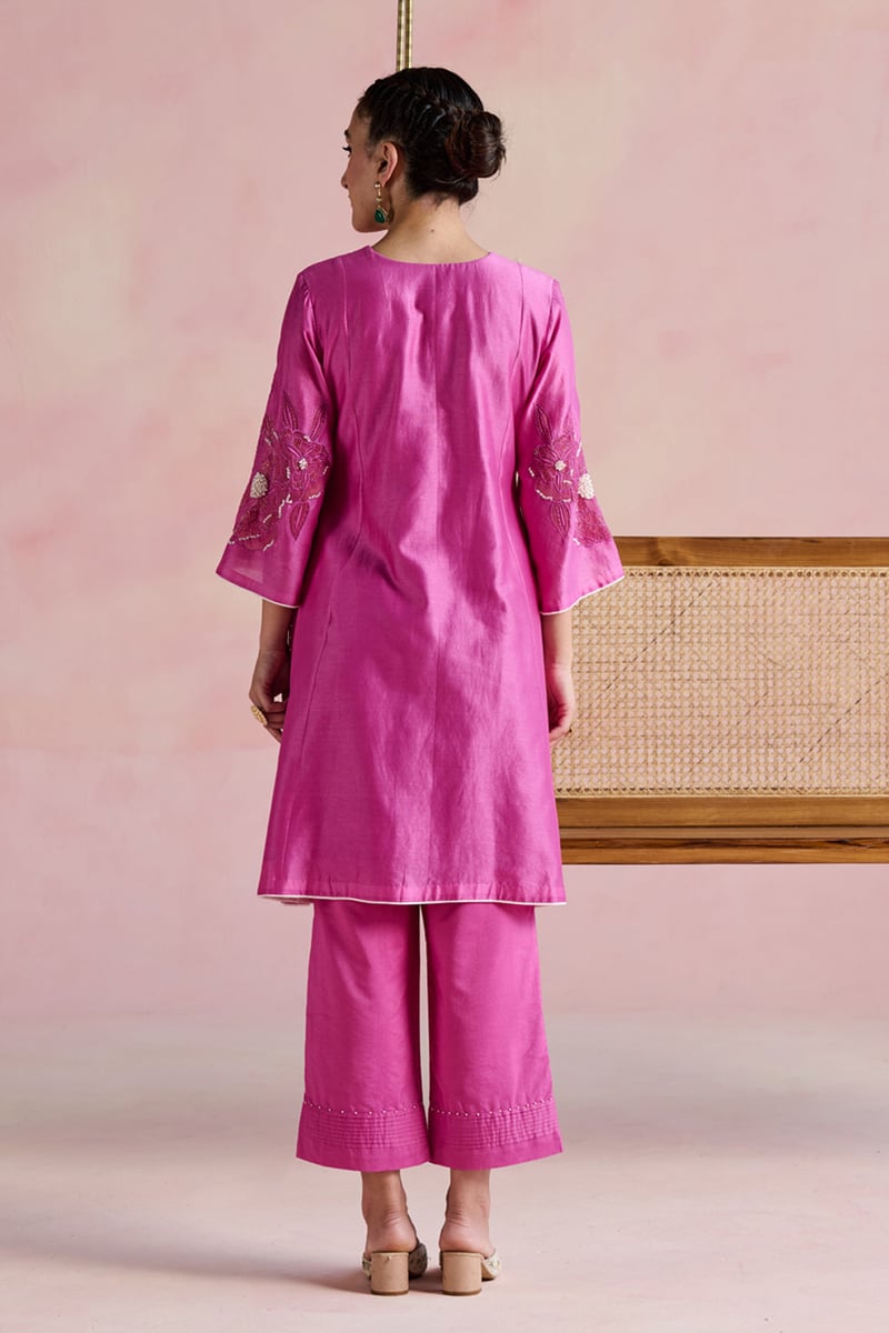 Pink Chanderi Embellished Kurta Set with Pants
