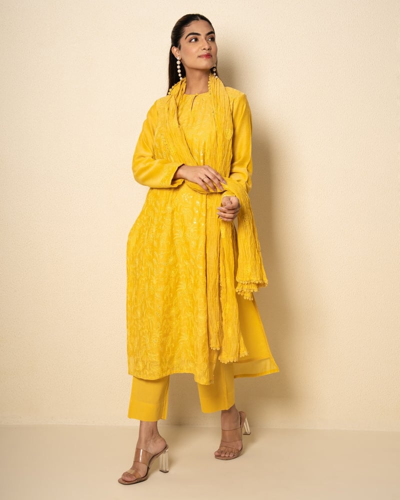 Golden Yellow Chanderi Yellow Floral Embroidered Suit Set (Set Of 3)