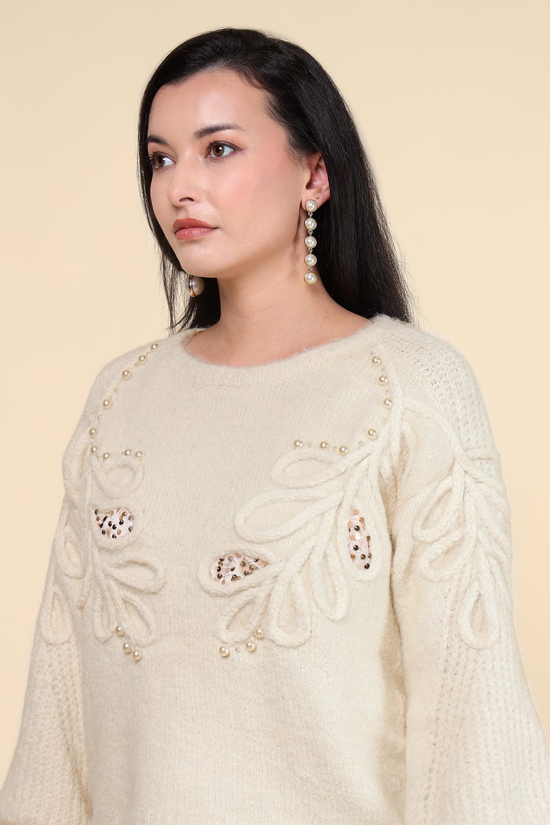 Beige Applique Embellished Round Neck Pullover Sweater