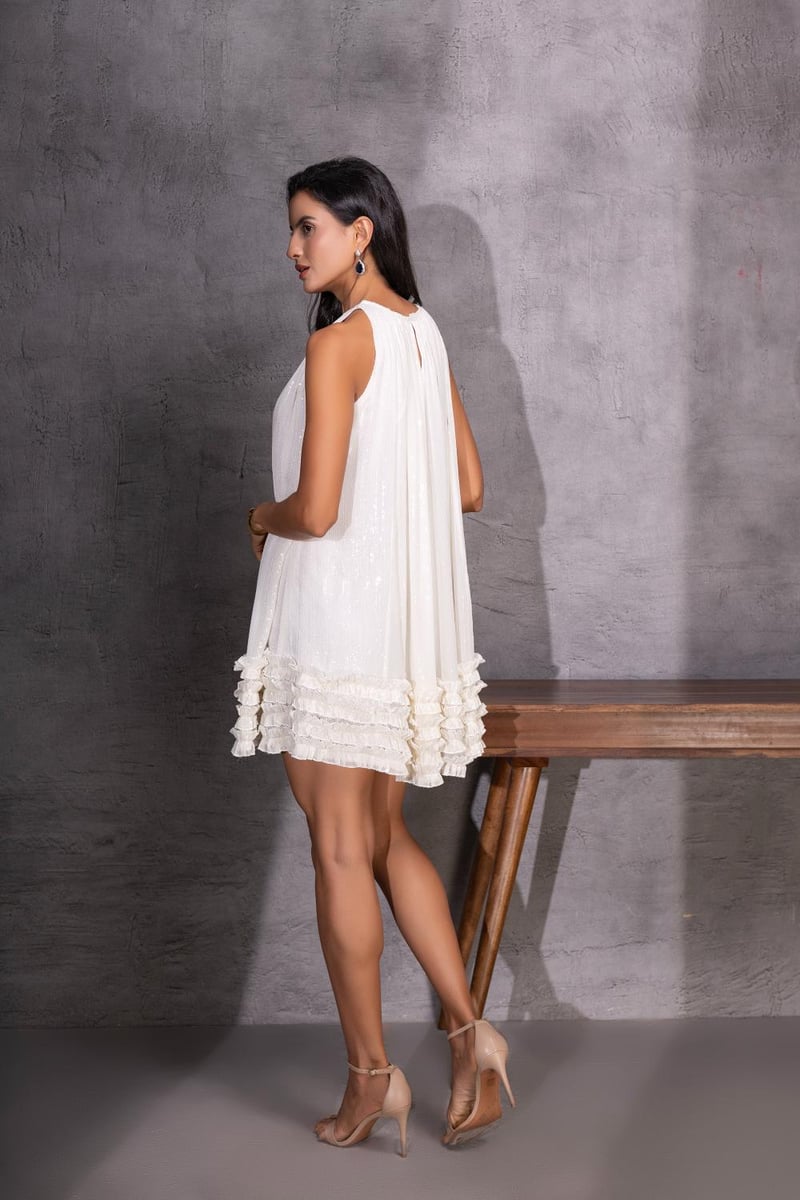 White Sequin Halter Neck Mini Shift Dress