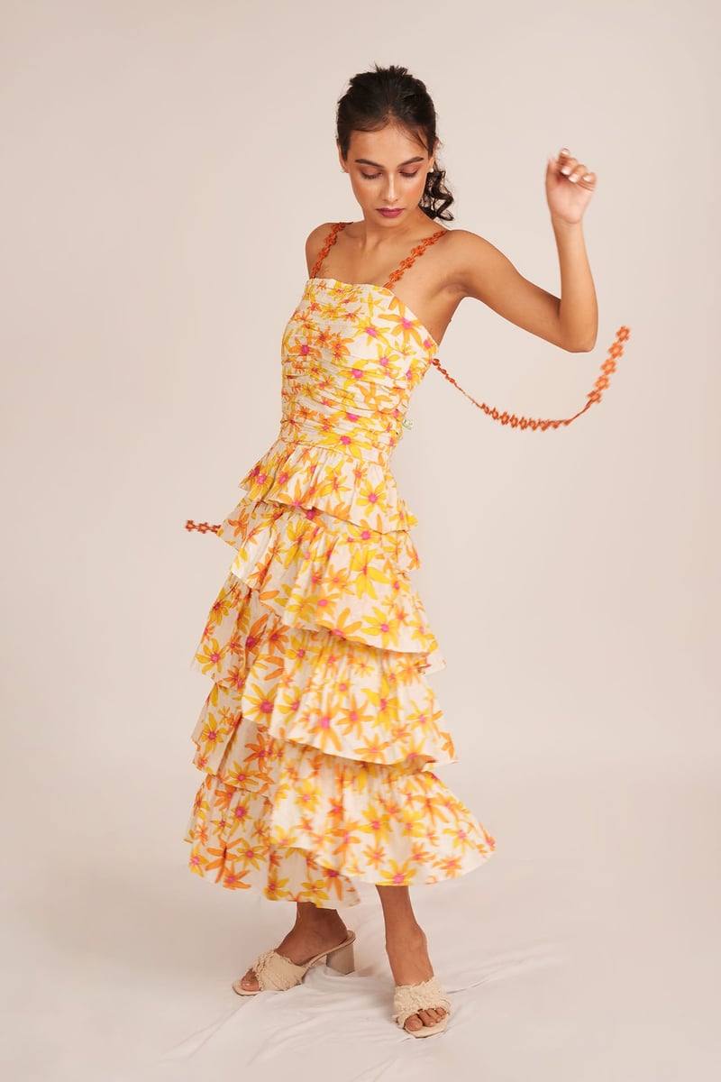 Layered Floral Print Ruched Bodice Tiered Midi Dress
