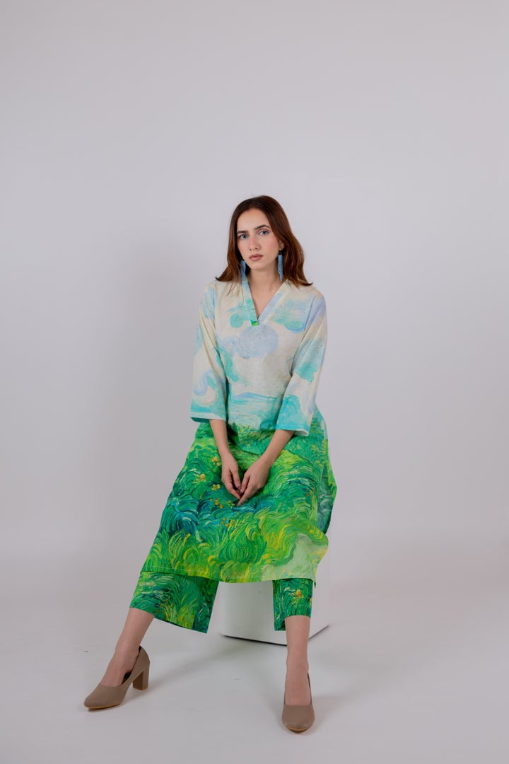 Multicolor Landscape Print Cambric Cotton Kurta Set