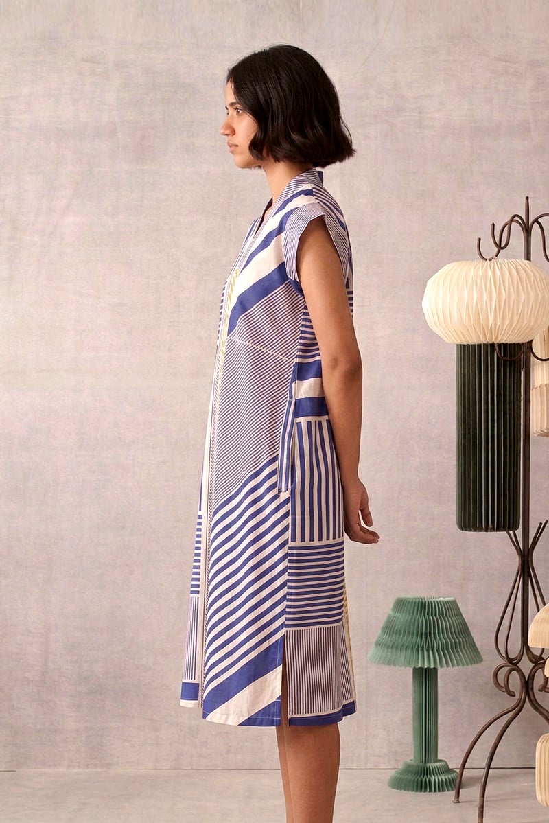 Multicolor Striped A-Line Midi Dress with V-Neck