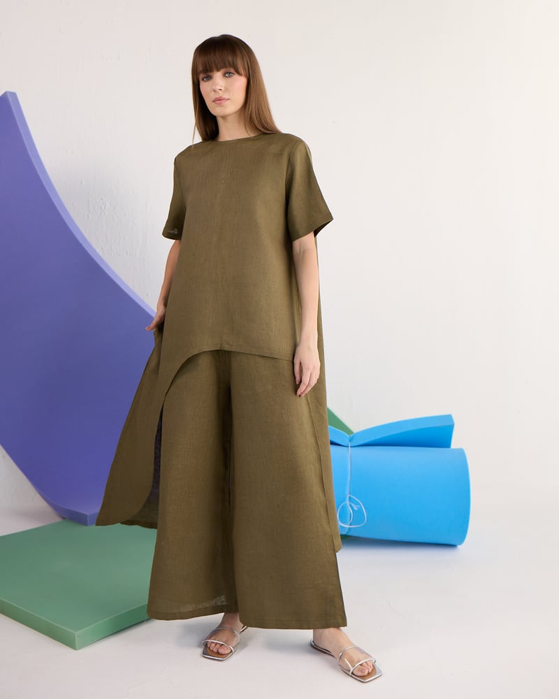 Pine Green Linen Co-ord Set with Asymmetric Tunic Top