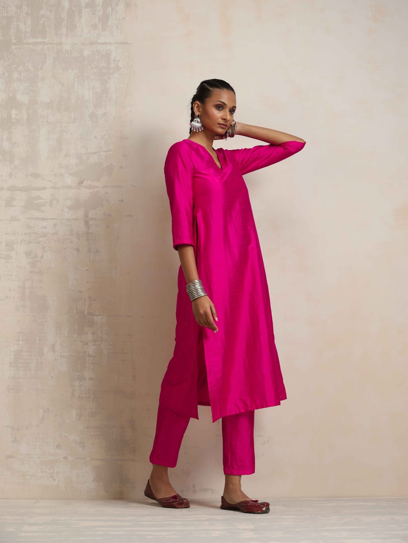 Pink Silk Blend High Slit Kurta Set