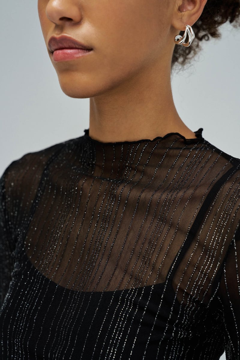 Black Shimmer Mesh Round Neck Full Sleeve Top
