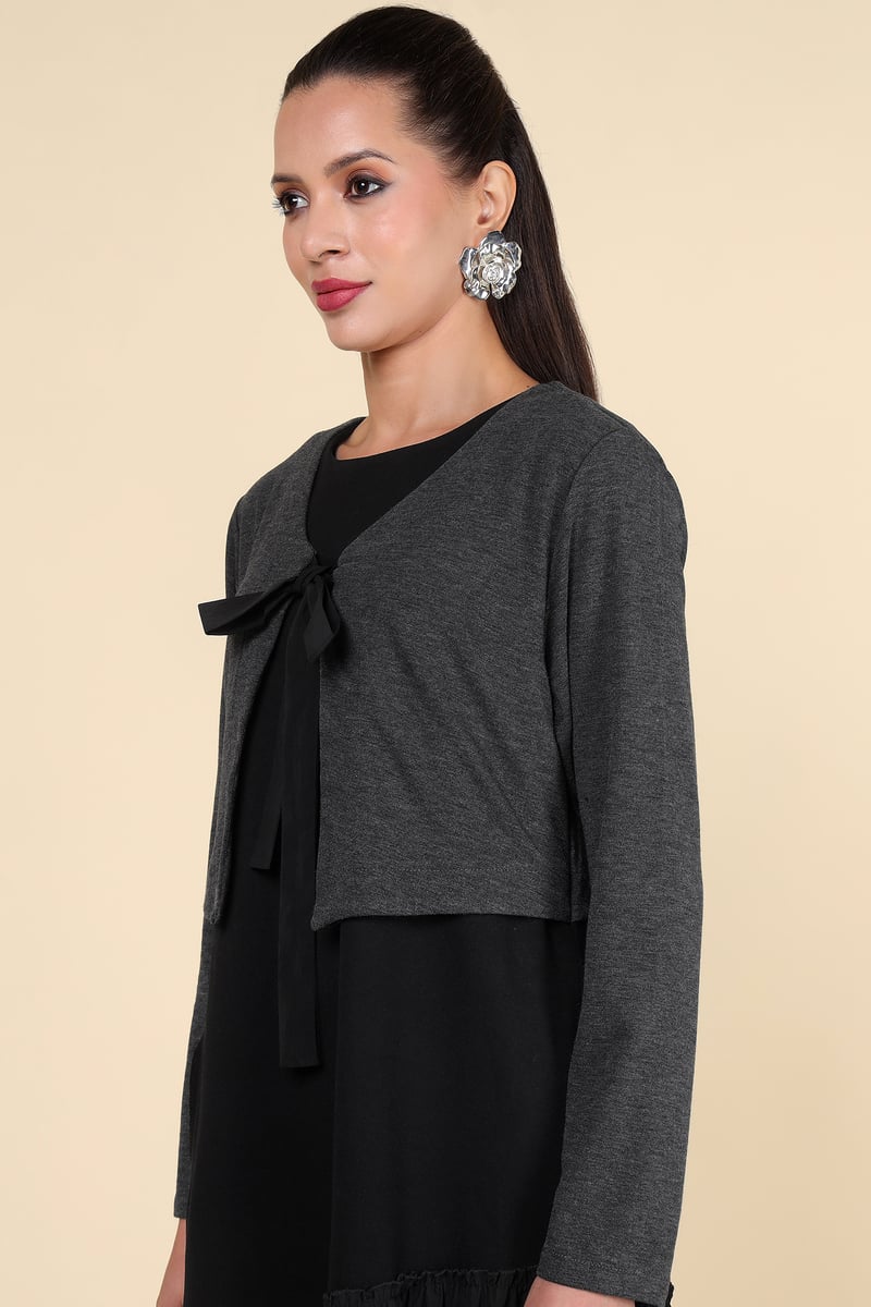 Black and Grey Layered-Look V-Neck Maxi Dress