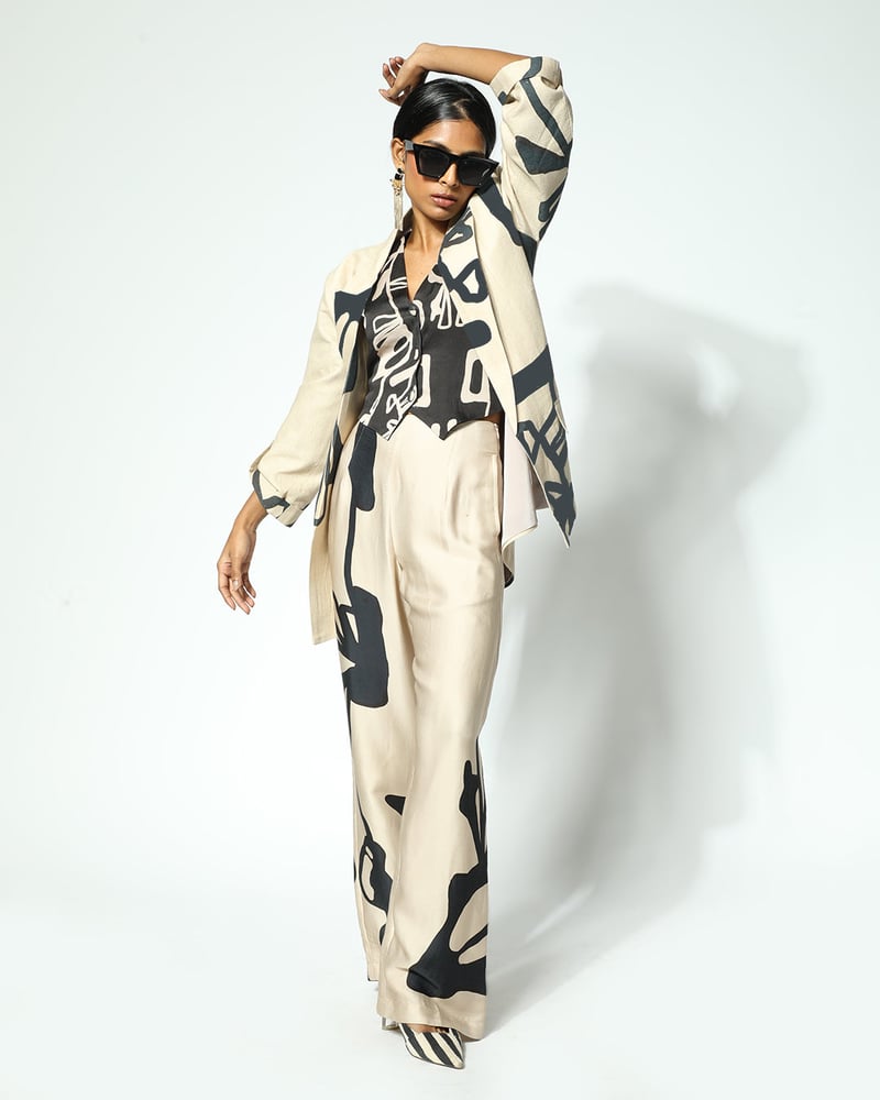 Black and Beige Abstract Print Button-Front Waistcoat