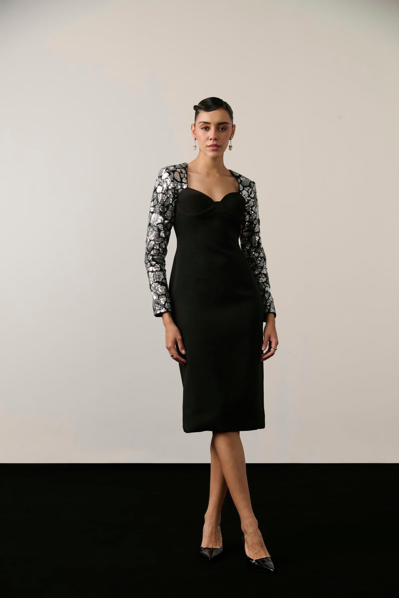 Black/Silver Sequin Sleeve Sweetheart Midi Sheath Dress