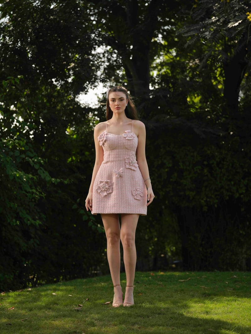 Pink Tweed Corset Mini Dress with 3D Floral Applique — RIBELLE