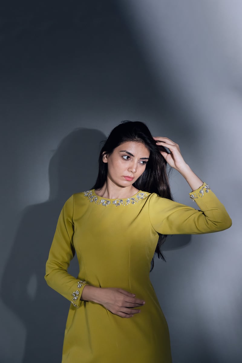 Yellow Crystal-Embellished Sheath Mini Dress