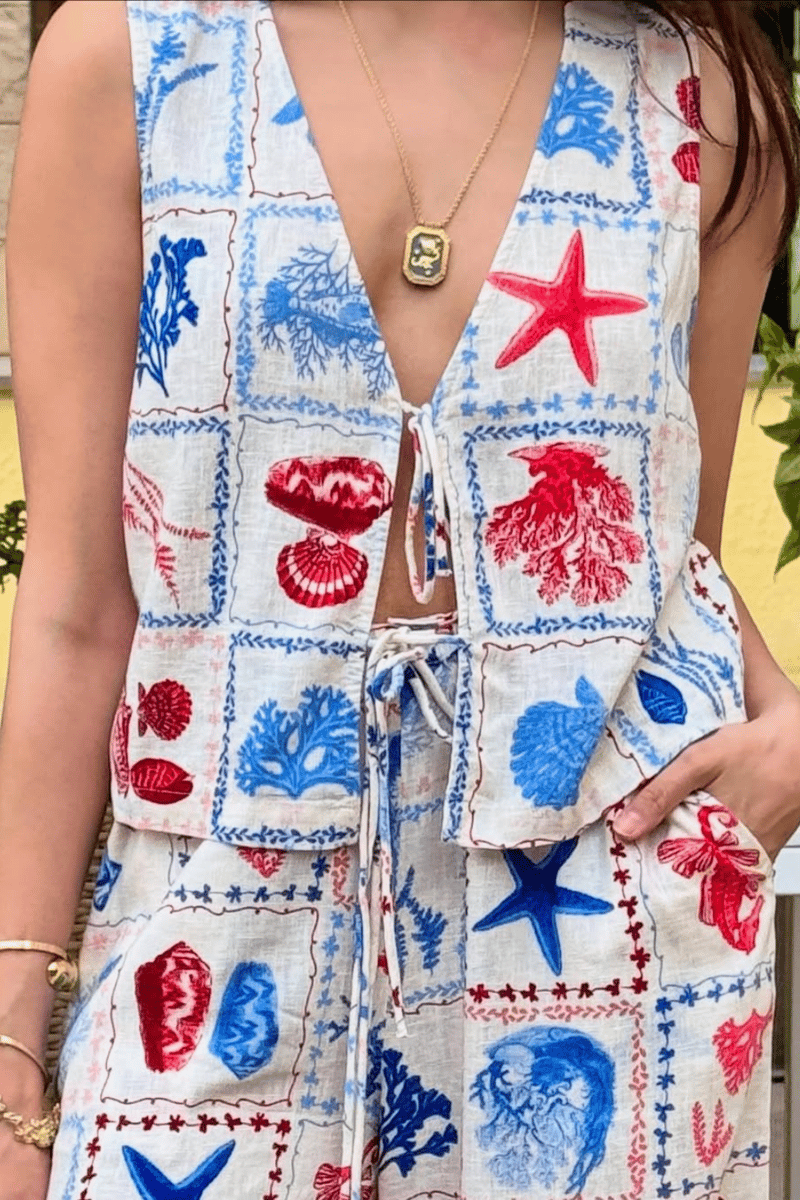 Multicolor Nautical Print Tie-Up Sleeveless Vest Top