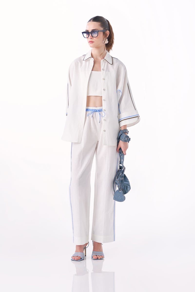 White Cotton-Linen 3-Piece Co-ord Set with Bralette