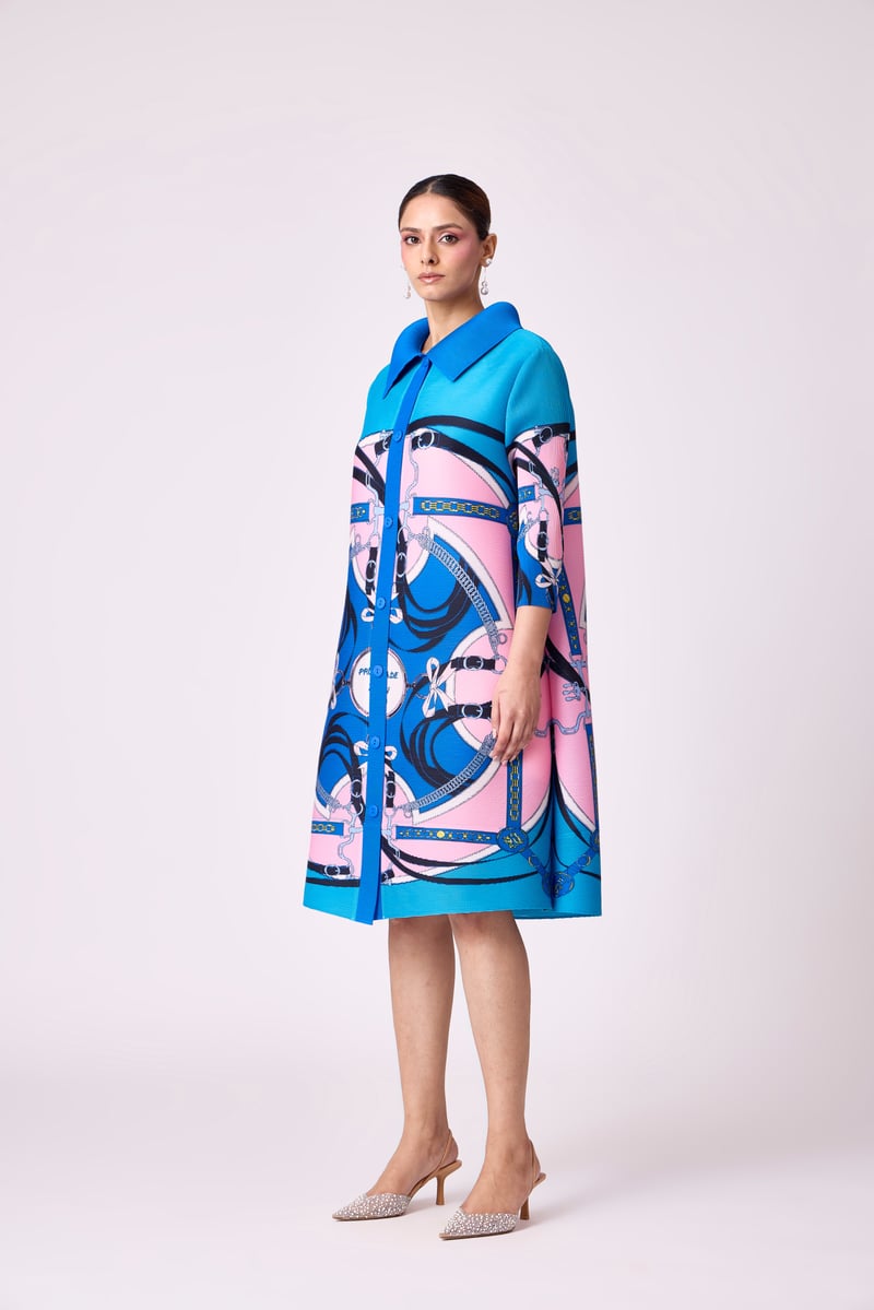Blue Abstract Print Micro-Pleated Shirt Dress