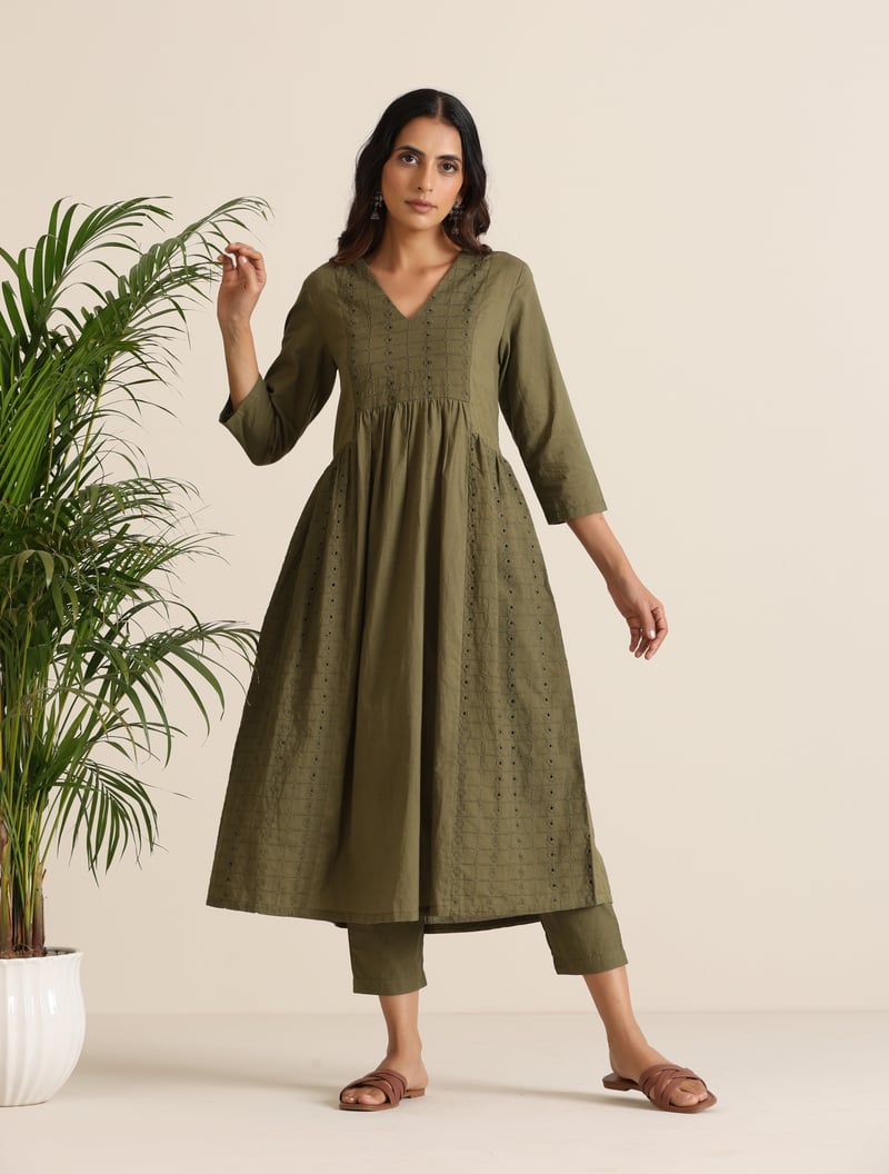 Olive Cotton Cutwork Embroidered Kurta Set