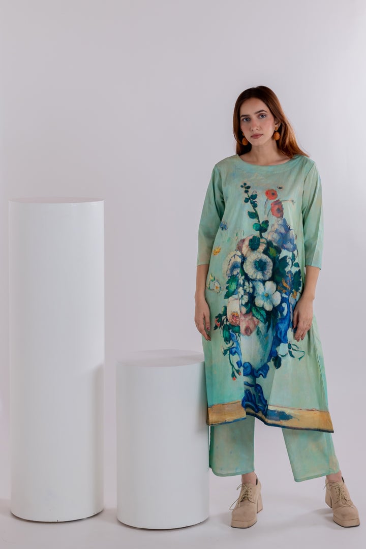 Aqua Green Printed A-Line Kurta and Pant Set