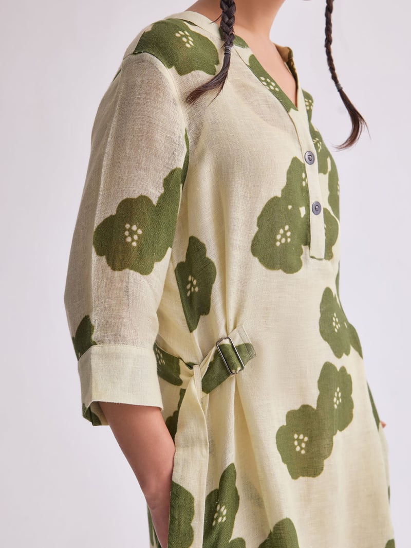 Green Poppy Gauze Linen Floral Midi Dress