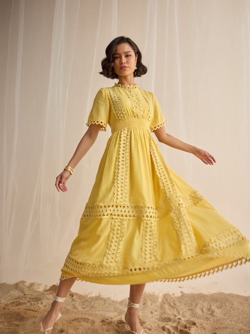 Yellow Lace Cutwork Fit and Flare Maxi Dress