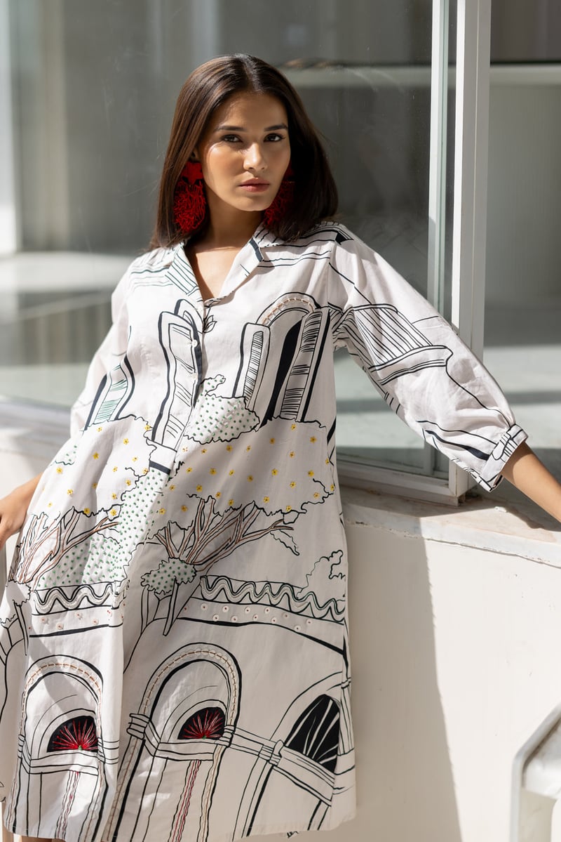 White Graphic Print Shirt Dress