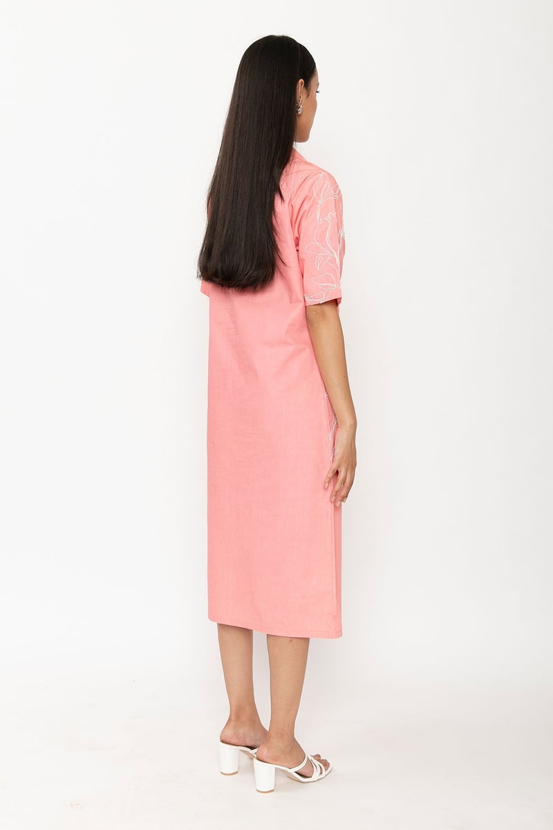 Pink Polo Collar Midi Dress with White Embroidery