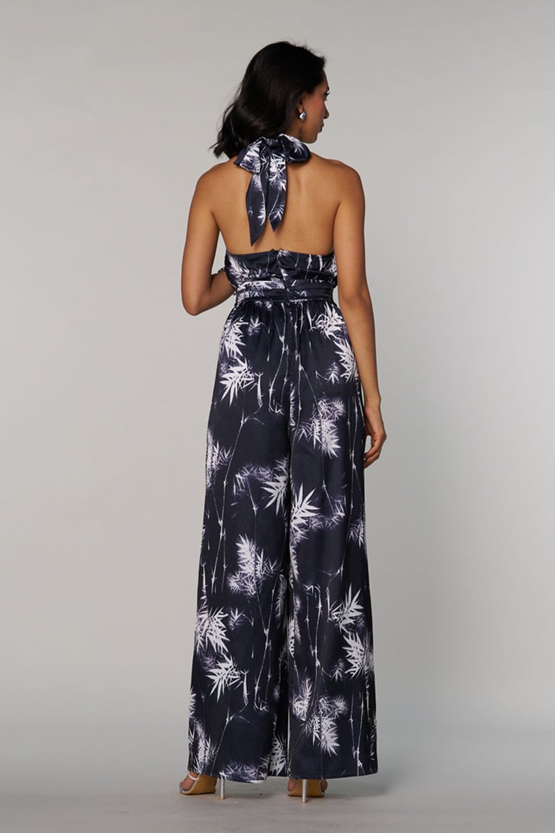 Black Satin Halter Neck Bamboo Print Wide-Leg Jumpsuit