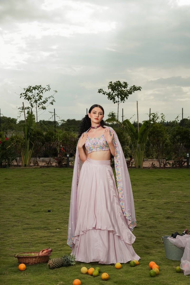Pink Embroidered Lehenga Set with Tiered Skirt