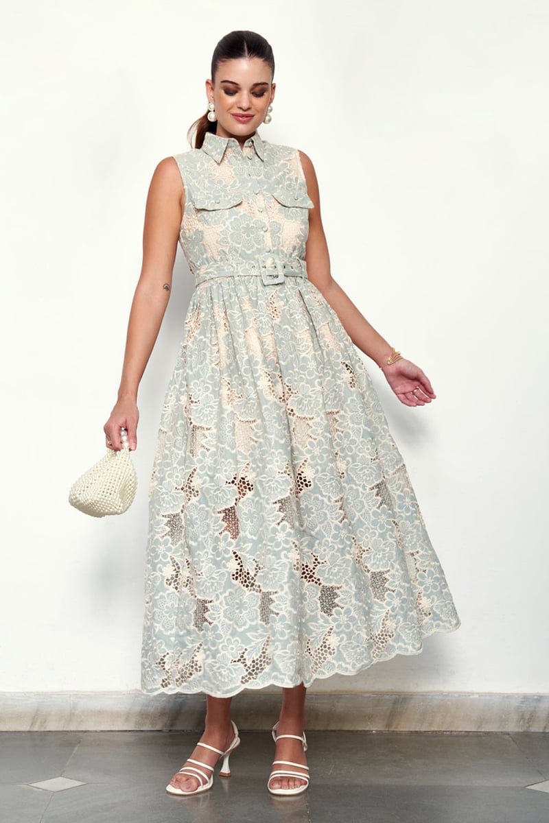 Blue Cotton Lace Collared Button-Front Maxi Dress