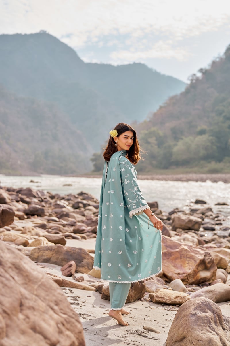 Blue Cotton Embroidered Kurta Set with Dupatta