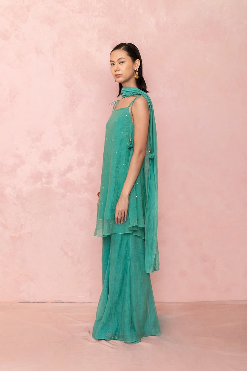 Green Square-Neck Kurta Sharara Suit Set with Dupatta
