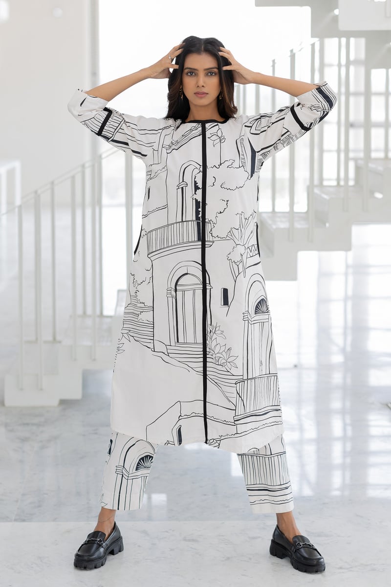 White Monochrome Printed Cotton Poplin Kurta Set — Silai studio