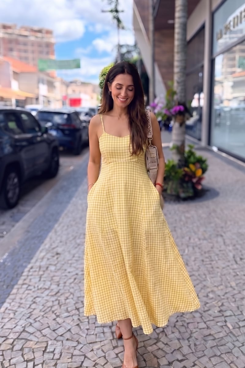 Yellow Gingham Fit and Flare Midi Dress