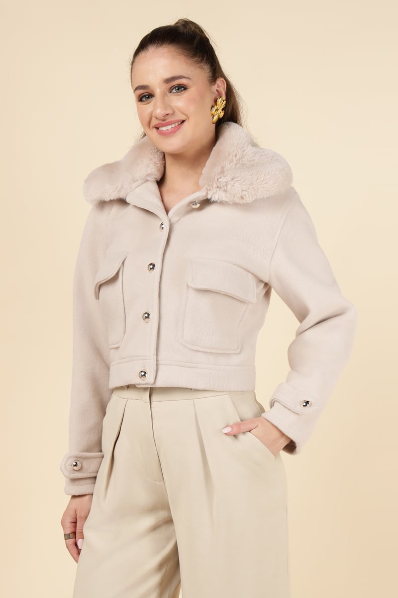 Beige Cropped Button-Front Jacket with Faux-Fur Collar