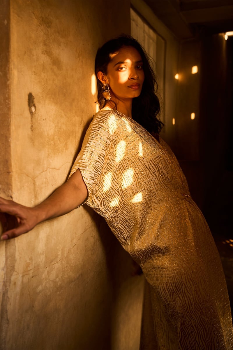 Ivory/Gold Foil Printed Pleated Maxi Kaftan