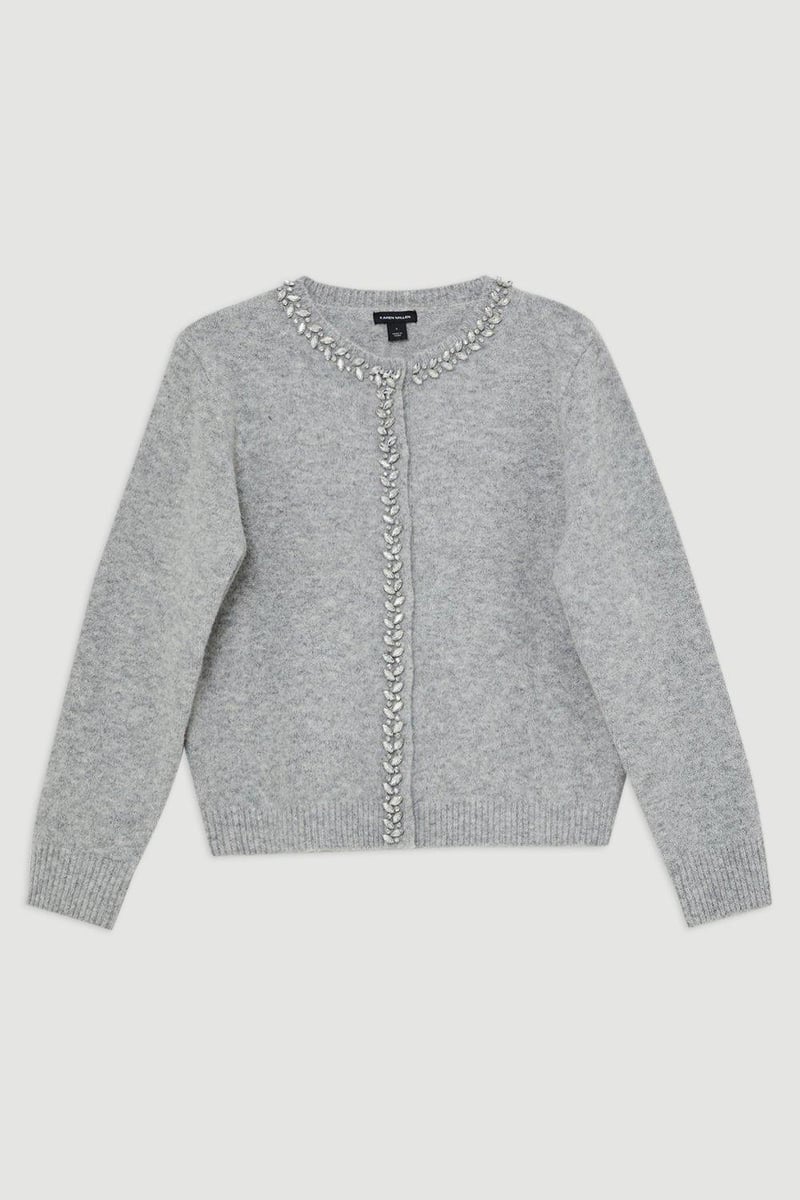 Grey Crystal-Trim Cosy Knit Cardigan